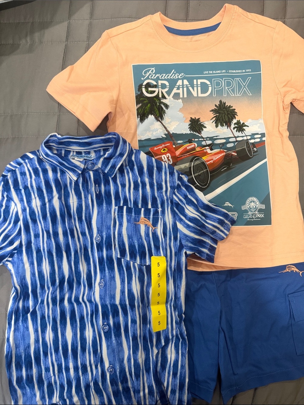 Tommy Bahama new Boys Grand Prix Graphic Tee + Blue Striped Shirt & Shorts Set